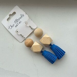 Vibrant Blue Faux Leather Fringe Dangle Earrings with Wooden Geometric Beads